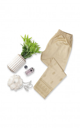 Beige Embroidered Satin Straight  Pant
